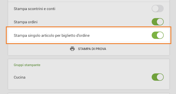 la levetta Stampa singolo articolo per biglietto d'ordine