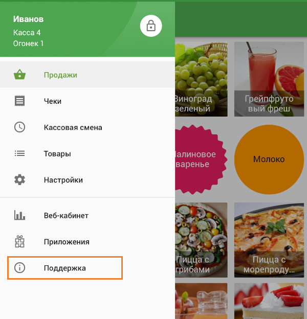 пункт «Поддержка» в меню