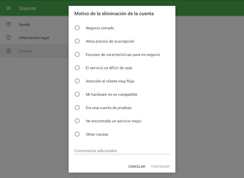 cuestionario para comprender el motivo de la eliminación