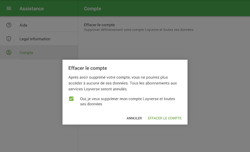 le bouton Effacer le compte