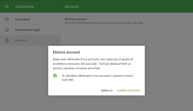 pulsante 'Elimina account