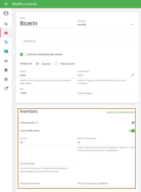 Traccia dello stock' nella sezione Inventario