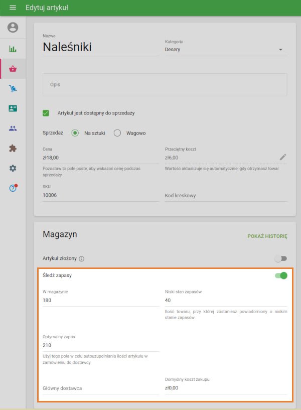 funkcia Śledź zapasy