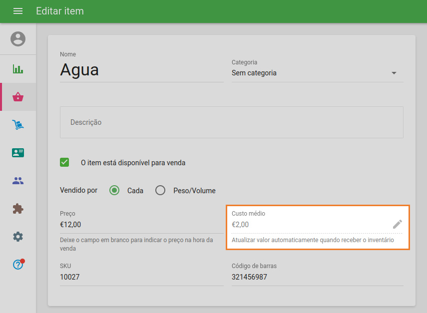 'Custo médio' campo não editável