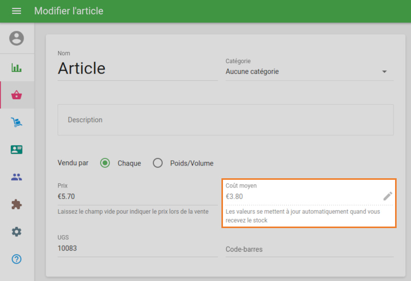 le champ Coût moyen