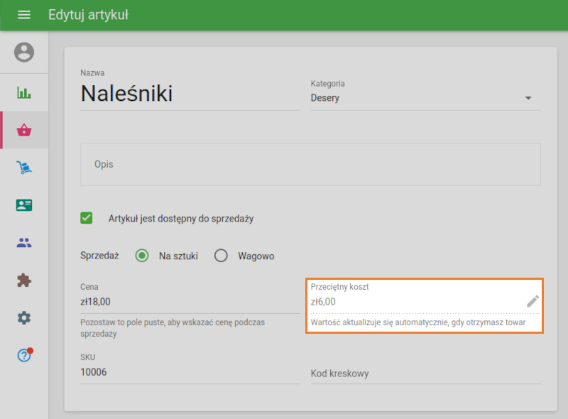 pole Przeciętny koszt