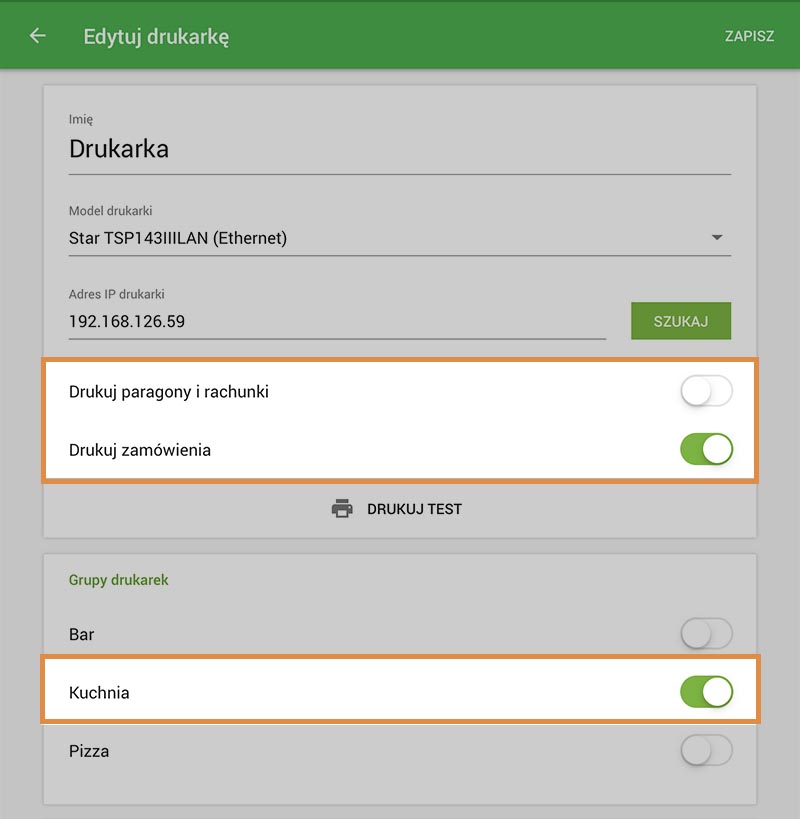 opcia Drukuj zamówienia