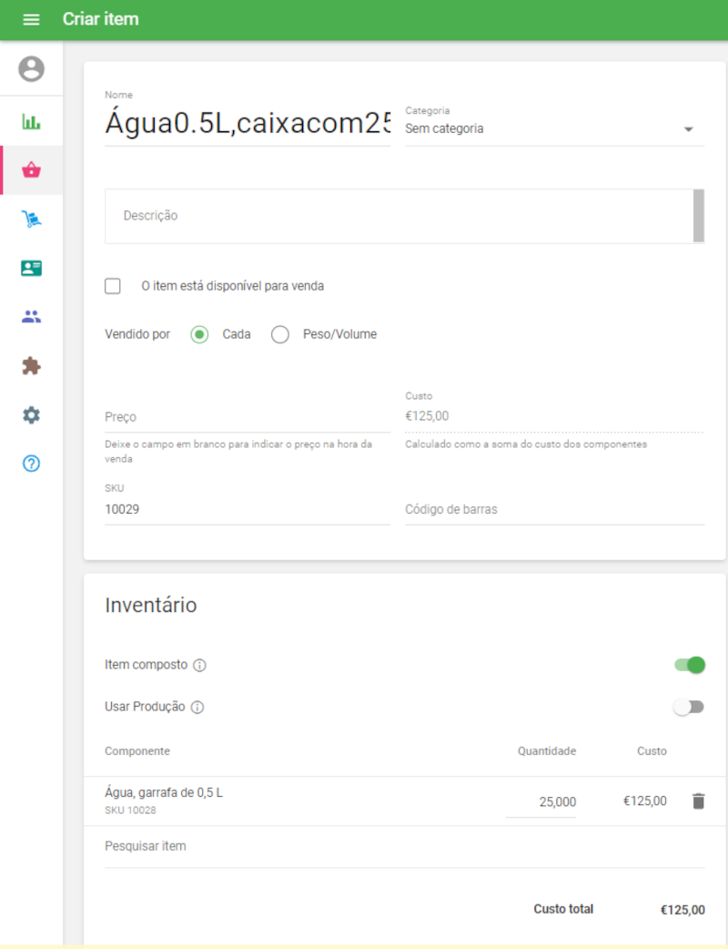Item composto para pedidos em caixa
