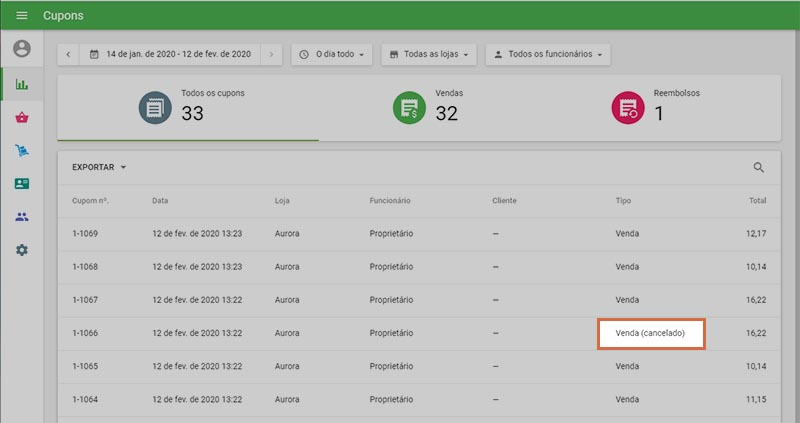Agora, este cupom está marcado como cancelado na lista de cupons