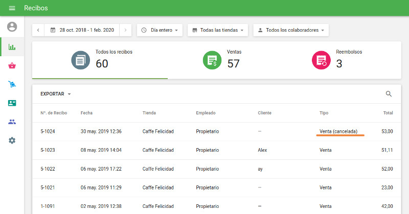 el recibo aparecerá marcado como cencelado en la lista de recibos