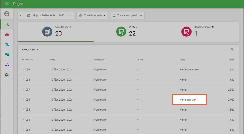 ce reçu est marqué comme annuler dans la liste des reçus