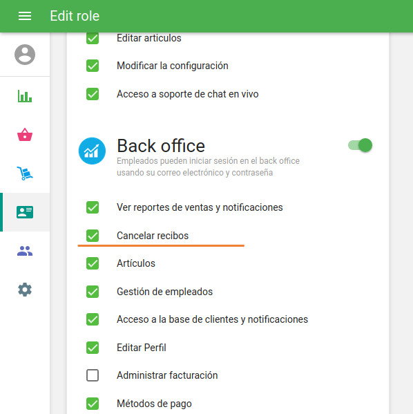 derechos para 'Cancelar recibos'