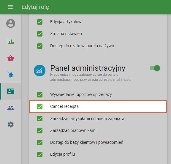 uprawnienia 'Anulowanie paragonów'
