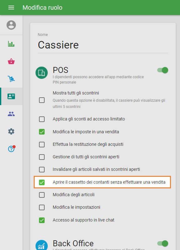 la casella 'Aprire il cassetto dei contanti senza effettuare una vendita'