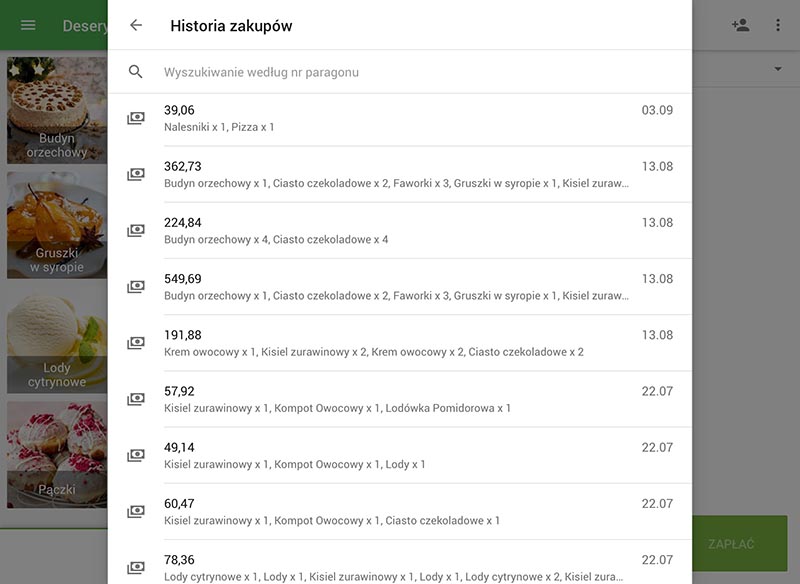 list wcześniejszych paragonów wystawionych przez sklep dla klienta