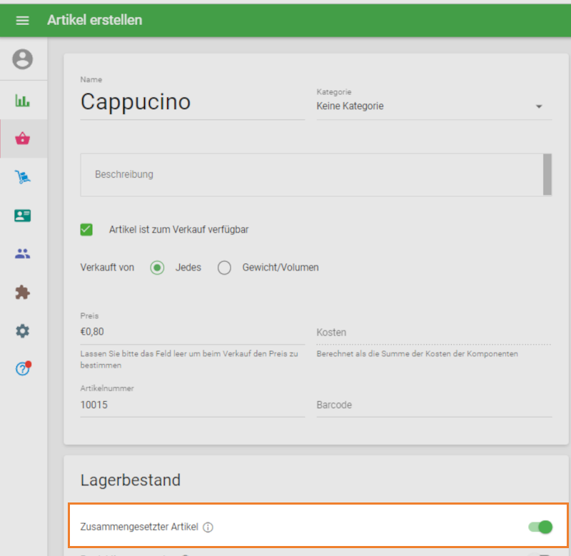 Option Zusammengesetzter Artikel im Abschnitt Lagerbestand