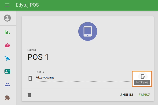 Na karcie Edytuj POS aktywowanego POS kliknij ikonę Dezaktywuj w polu Status.