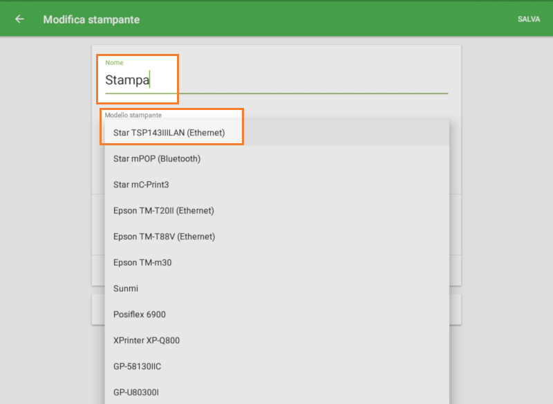 Assegna un nome alla stampante e seleziona il modello di stampante dall'elenco a discesa