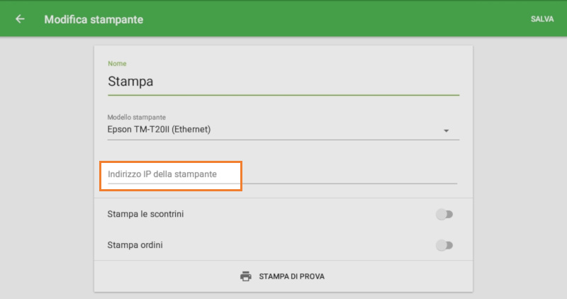 campo 'Indirizzo IP della stampante'
