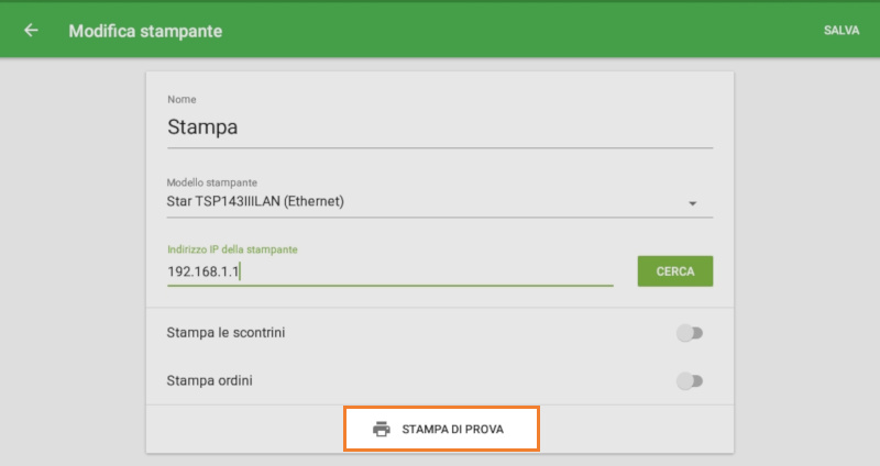 Seleziona 'Stampa di prova' per testare la connessione della tua stampante con l'app Loyverse POS