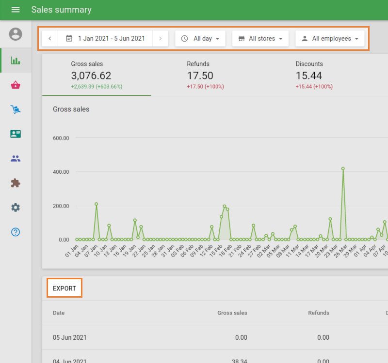 filters and Export button