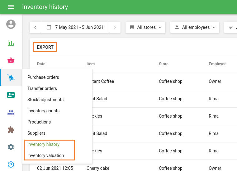 ‘Export’ button in the Advanced Inventory reports