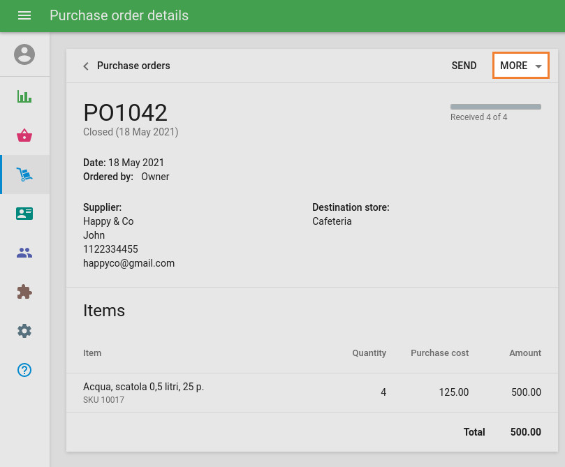 the ‘More’ menu in the Advanced Inventory Document