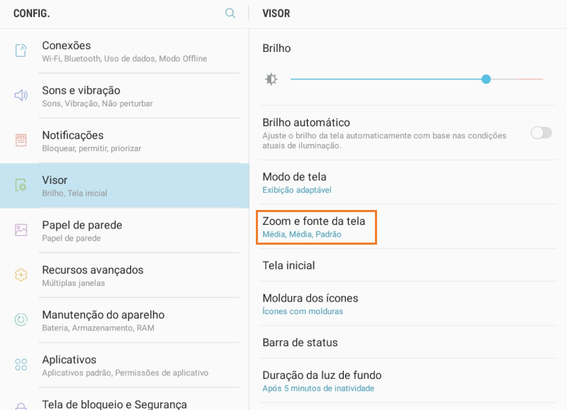 Abra o menu Zoom de tela e fonte ou Tamanho da fonte
