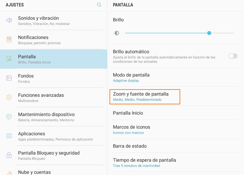 el menú Zoom de pantalla y fuente