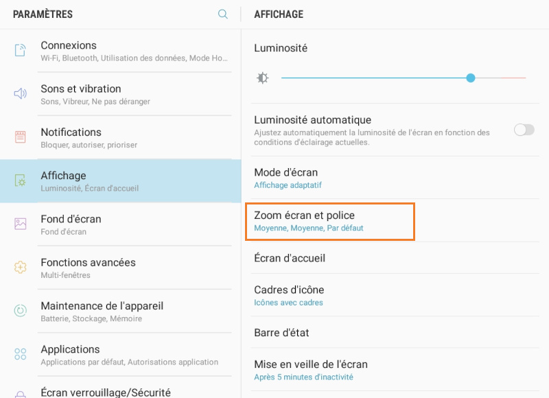 Zoom de l'écran et police