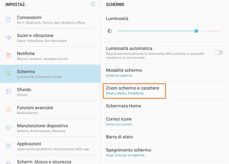 Apri il menu 'Zoom schermo e carattere' o 'Dimensione carattere'