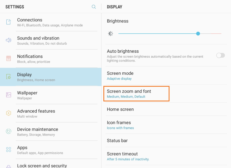 Screen zoom and font or Font size menu