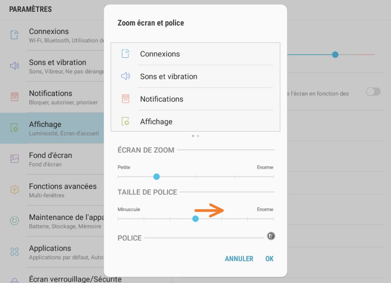 Zoom de l'écran et police