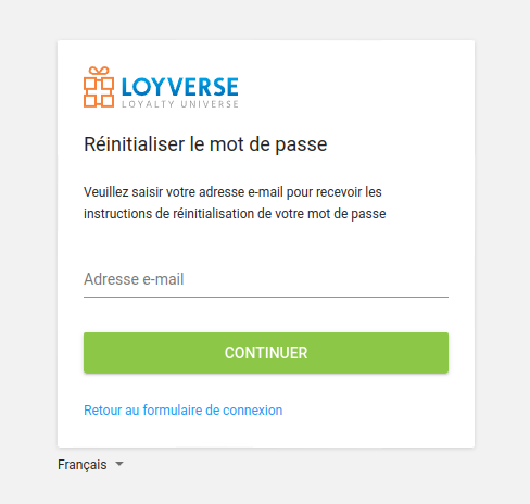 Tapez votre Email dans le formulaire de récupération de mot de passe et appuyez sur Continuer