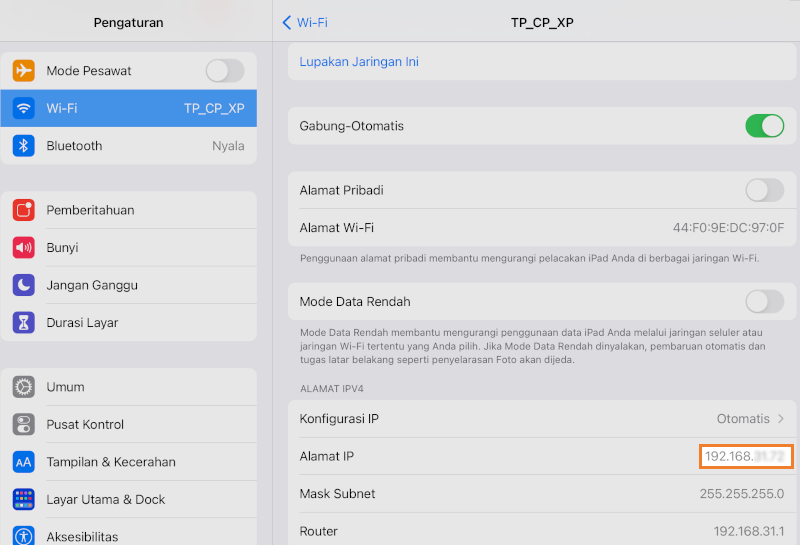 Alamat IP jaringan di Apple