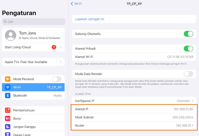 Catat alamat IP, Mask Subnet, nilai Router yang berada dalam mode konfigurasi IP Otomatis