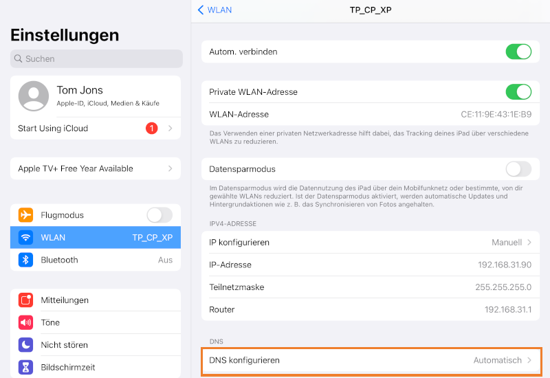 Setzen Sie die DNS-Einstellungen auf den manuellen