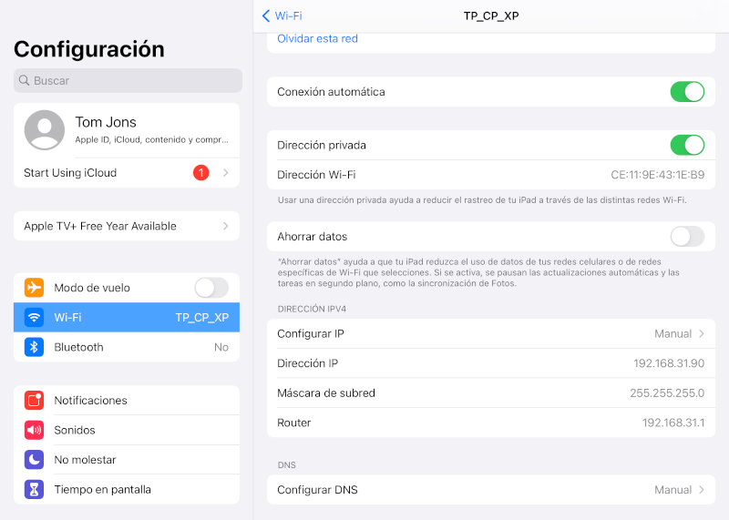 el modo de dirección IP estática