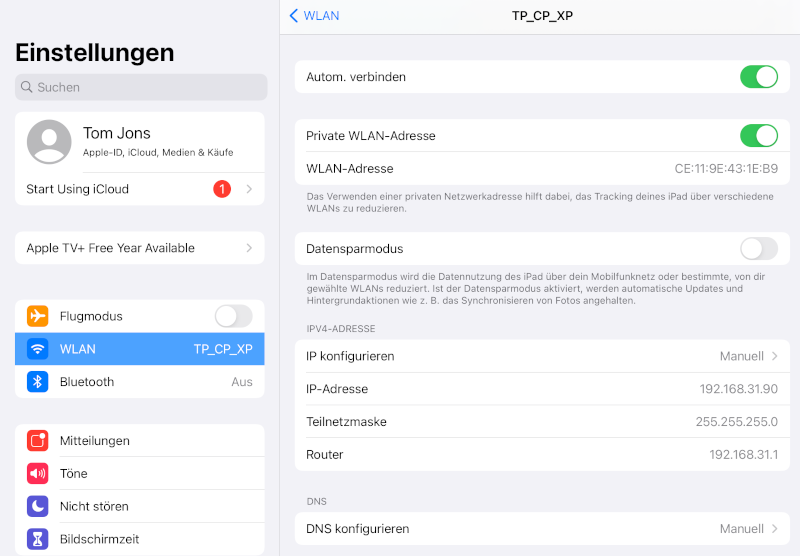 iOS funktioniert im statischen IP-Adressmodus
