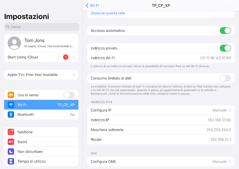 modalità indirizzo IP statico