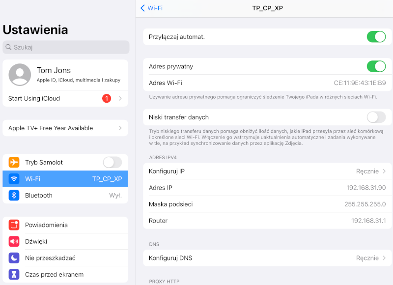 urządzenie iOS pracuje w trybie statycznego adresu IP