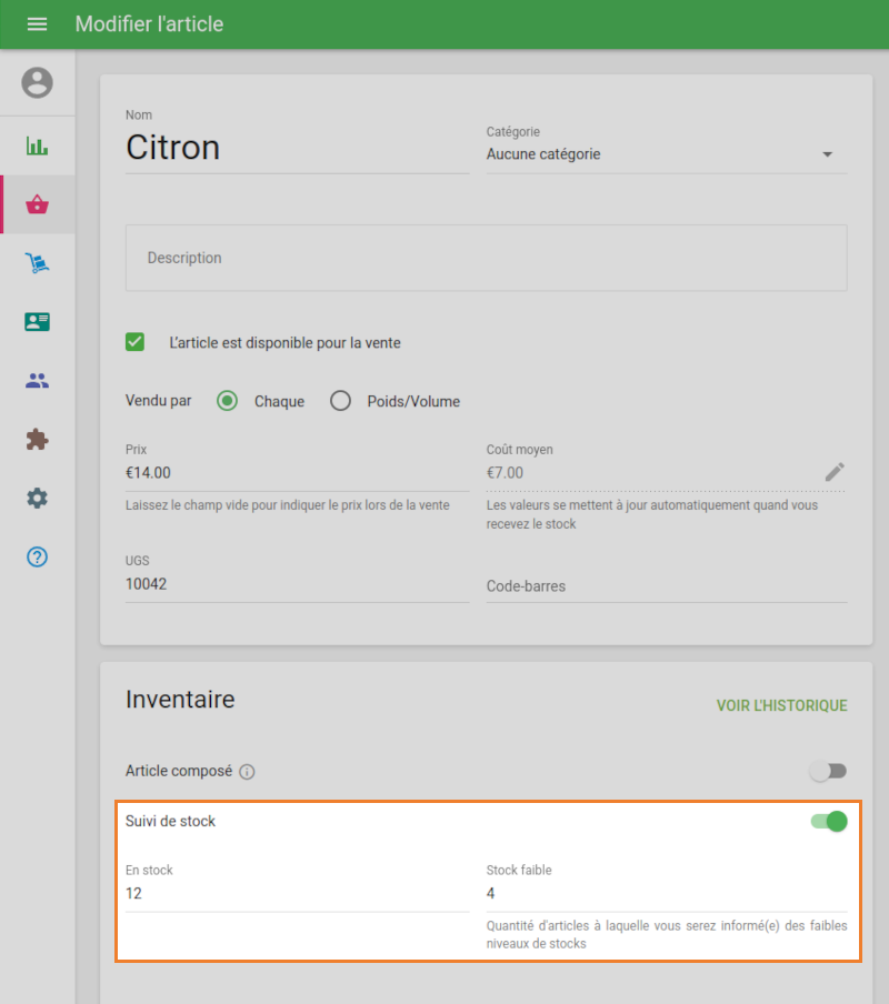l’option «&nbsp;Stock Track