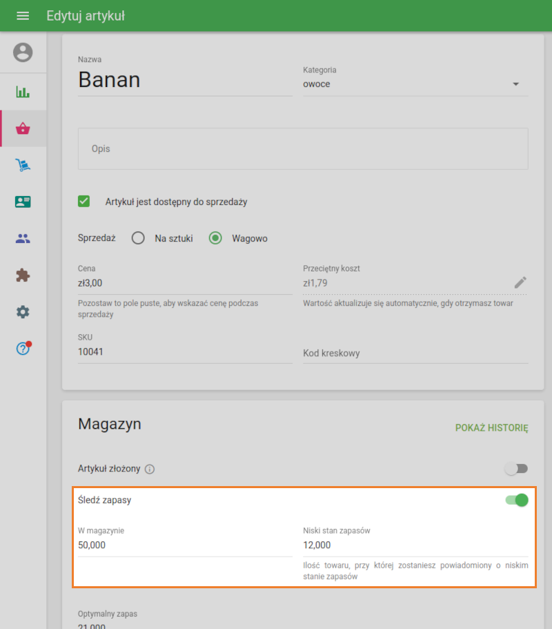 powiadomienia o niskim stanie zapasów
