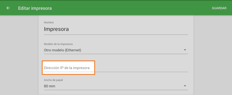 campo Dirección IP de la impresora