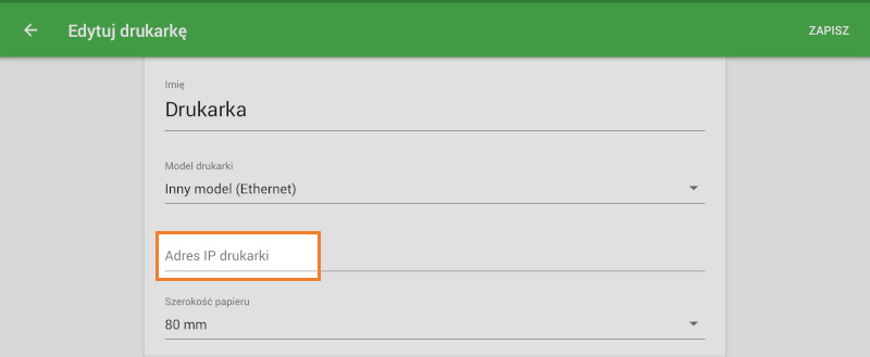 pole Adres IP drukarki