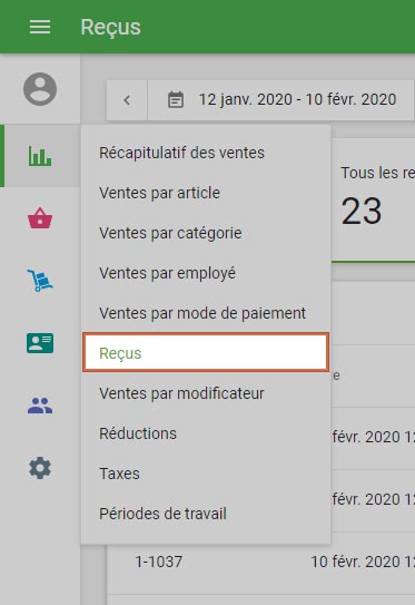 la section Reçus du menu Rapports
