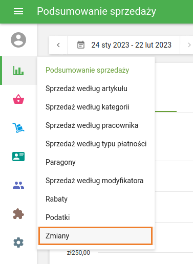 Raporty zmianowe w menu Raporty