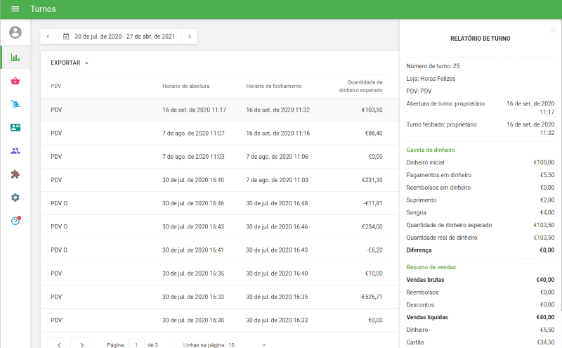 detalhadas sobre o turno