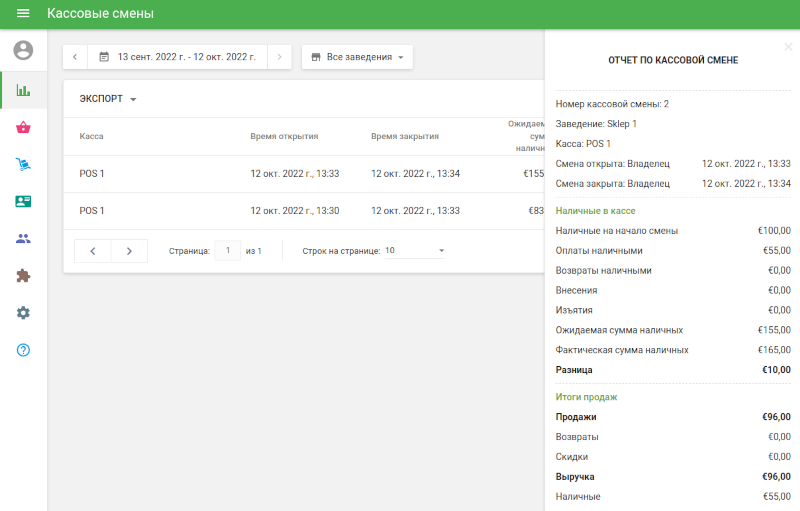 подробная информация по смене