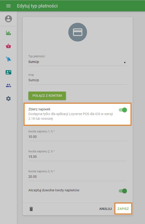 Akceptuj dowolne kwoty napiwków